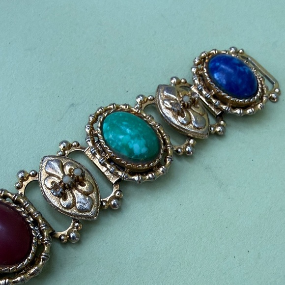 Vintage and Unique Gold and Multicolored Gemstone Chunky Bracelet - Picture 6 of 11